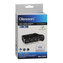 Разветвитель прикуривателя Olesson 1639 с вольтметром, USB 2x, QC 3.0
