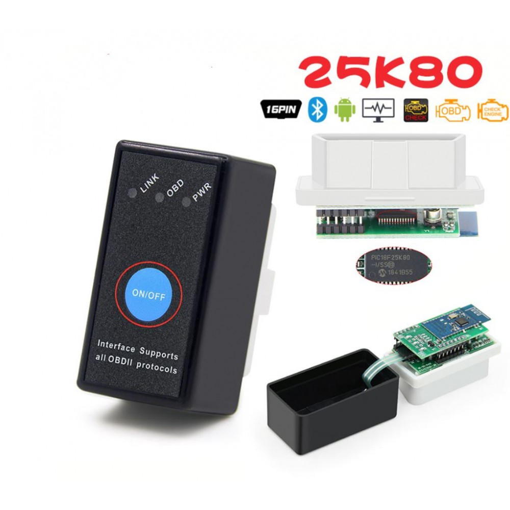 Автомобильный диагностический адаптер автосканер Bluetooth ELM327 v1.5 чип PIC18F25K80 с кнопкой, 2 платы, черный