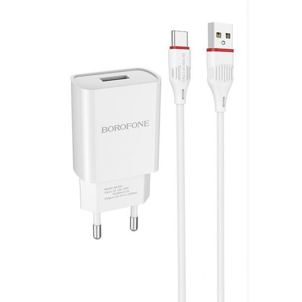 Зарядное сетевое сзу USB Borofone BA20A + lightning кабель, белый