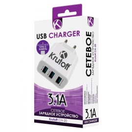 Зарядное сетевое сзу usb 3x Krutoff CH-20+Type-C