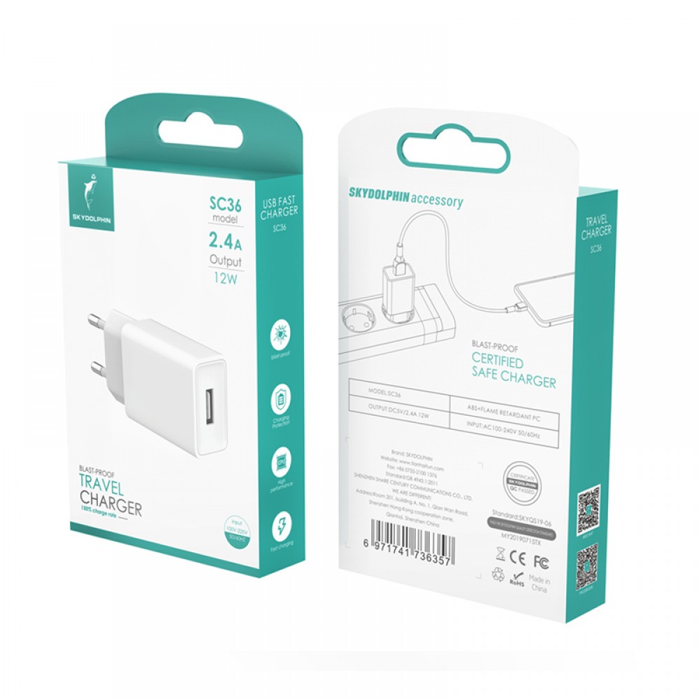 Зарядное сетевое сзу USB SC36T + type-c белый