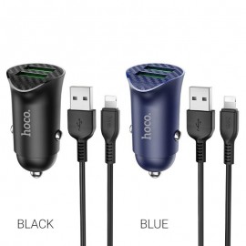 Зарядное автомобильное быстрое азу usb 2x Hoco Z39 3.4A QC3.0 + кабель для Apple lightning черный