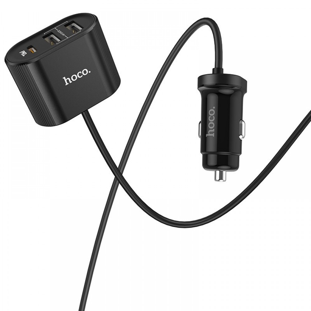 Зарядное автомобильное быстрое АЗУ usb 3x+Type-C PD Hoco Z35 с удлинителем черный