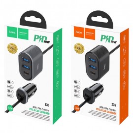 Зарядное автомобильное быстрое АЗУ usb 3x+Type-C PD Hoco Z35 с удлинителем черный