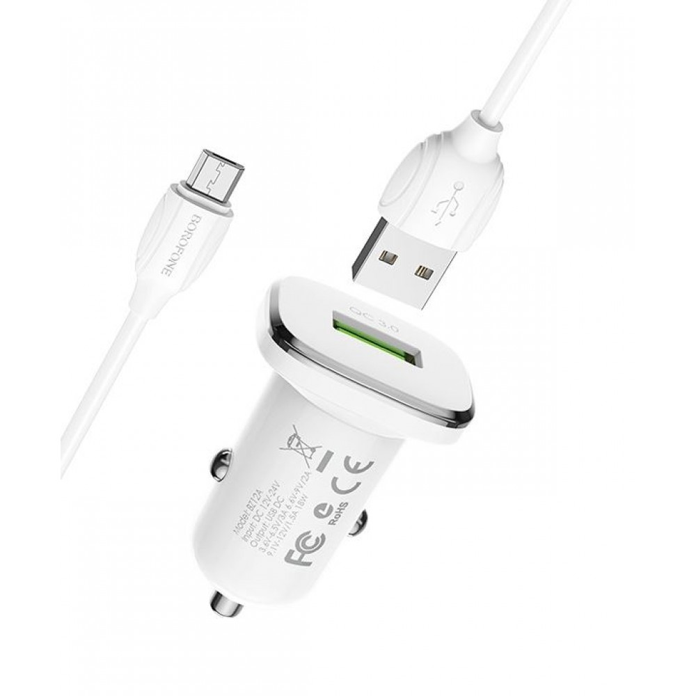 Зарядное автомобильное АЗУ Borofone BZ12A быстрое QC 3.0 + micro, белый