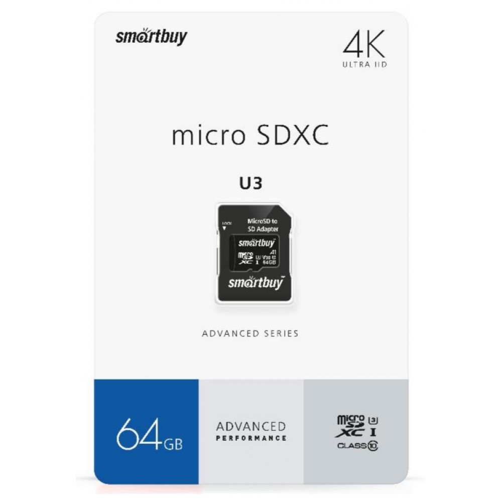 MicroSd 64Gb SmartBuy class10 SDXC U3 Advanced SB64GBSDU1A-AD