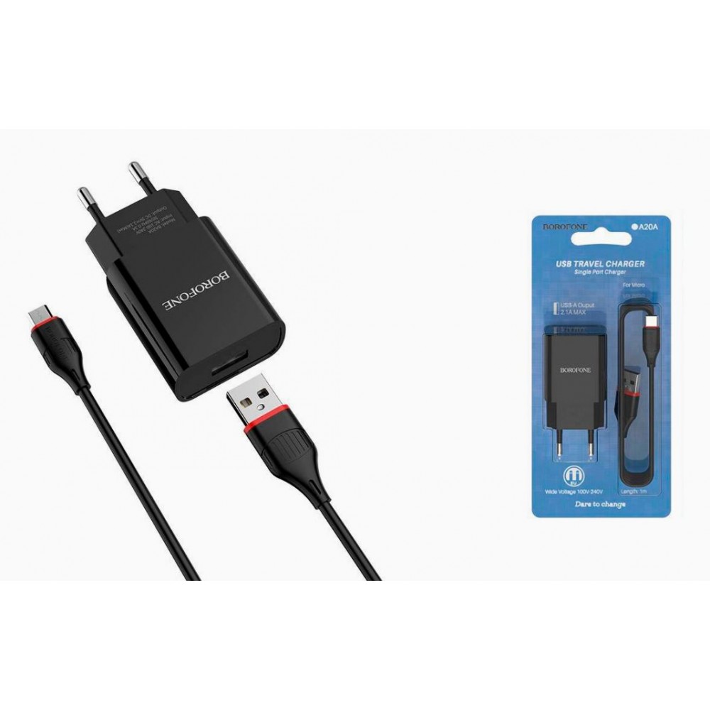 Зарядное сетевое сзу USB Borofone BA20A + кабель для Apple lightning lightning кабель, черный