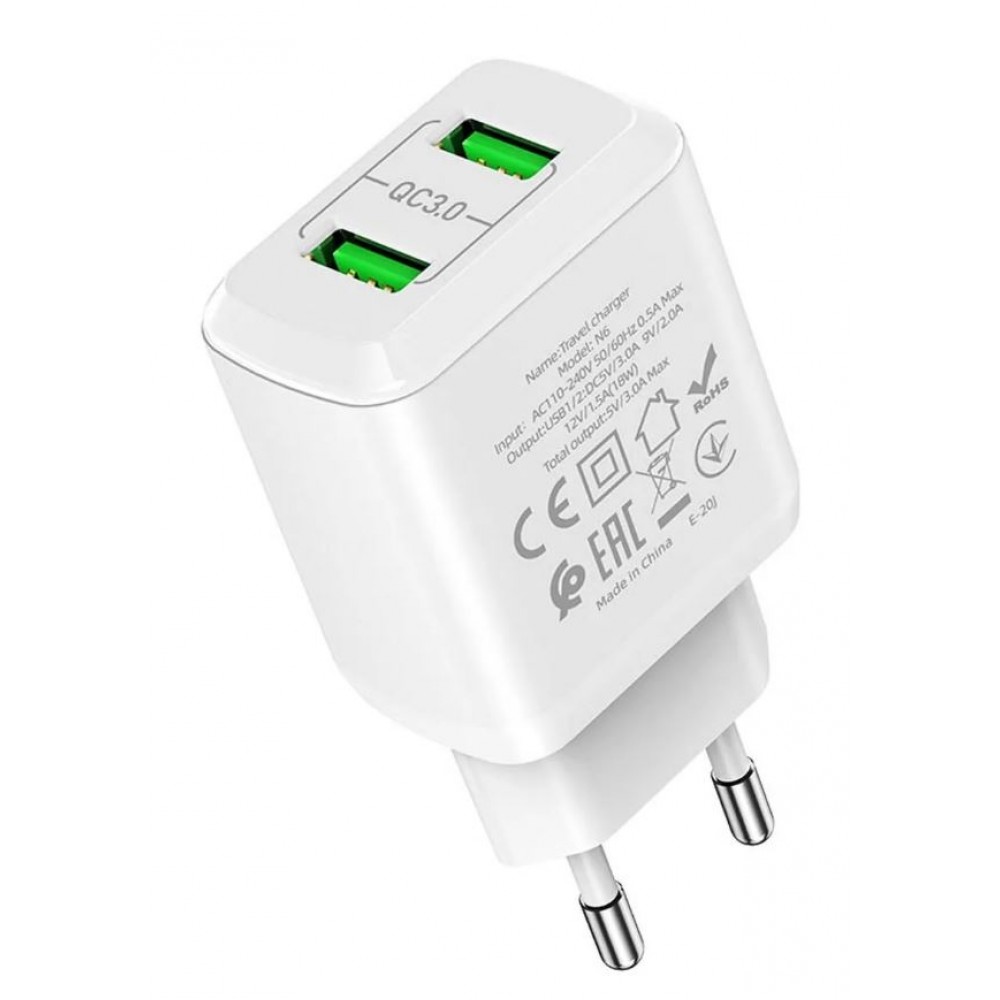 Зарядное сетевое сзу USB 2x Hoco N6 , быстрое , QC 3.0, белый