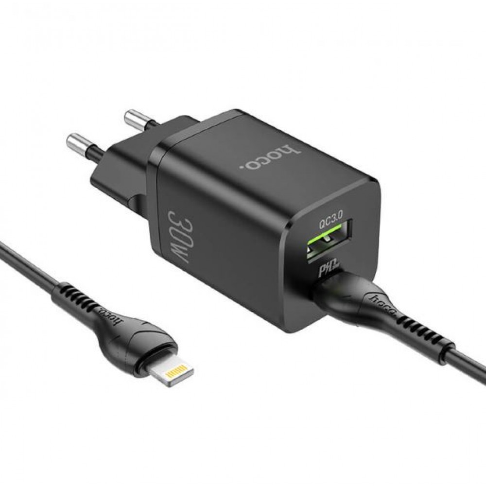 Зарядное сетевое сзу USB Hoco N13 быстрое QC 3.0 30W +PD +кабель Lightning черный