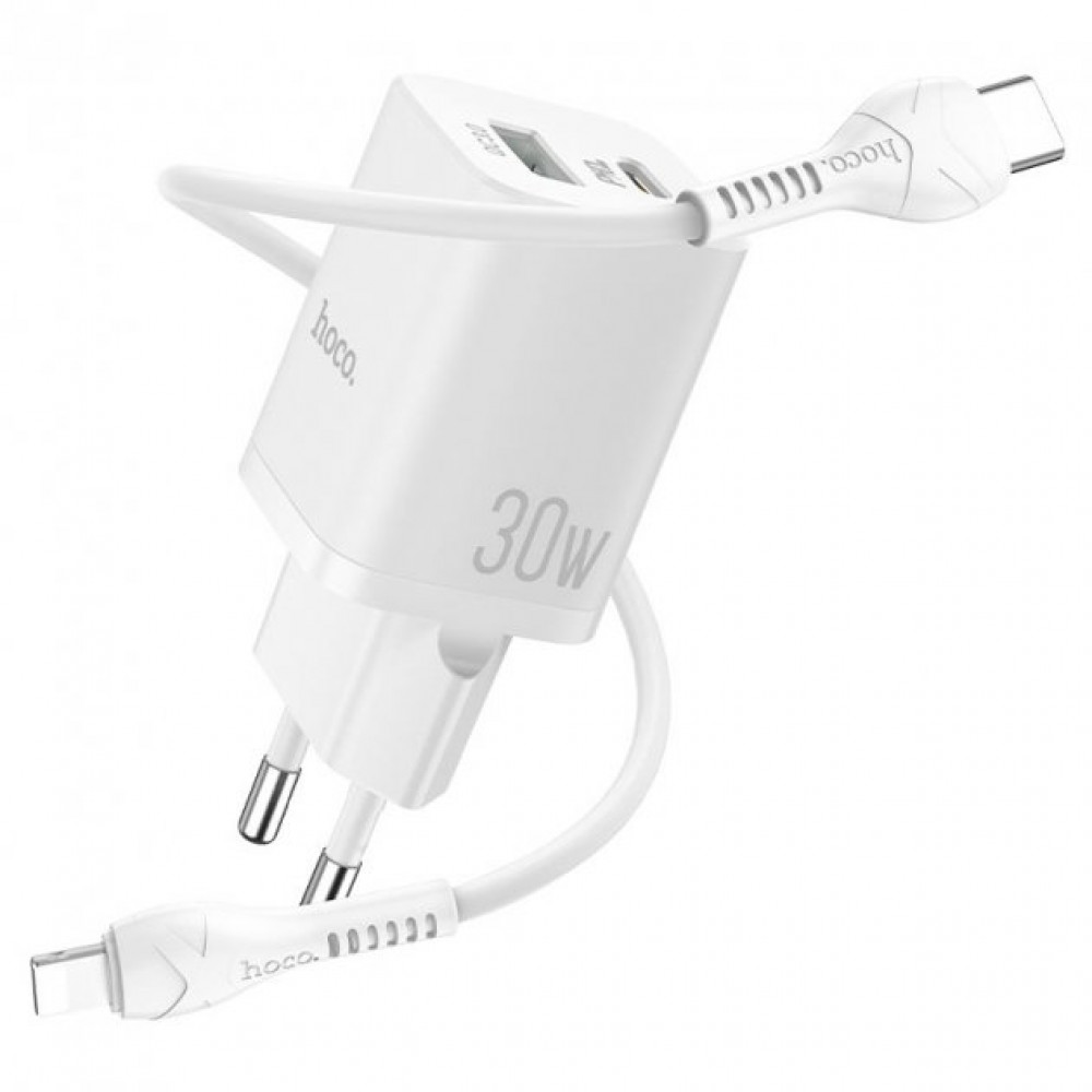 Зарядное сетевое сзу USB Hoco N13 быстрое QC 3.0 30W +PD +кабель Type-C белый