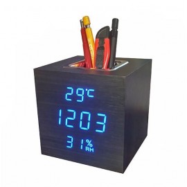 Часы LED с термометром VST-878s черное дерево синие цифры