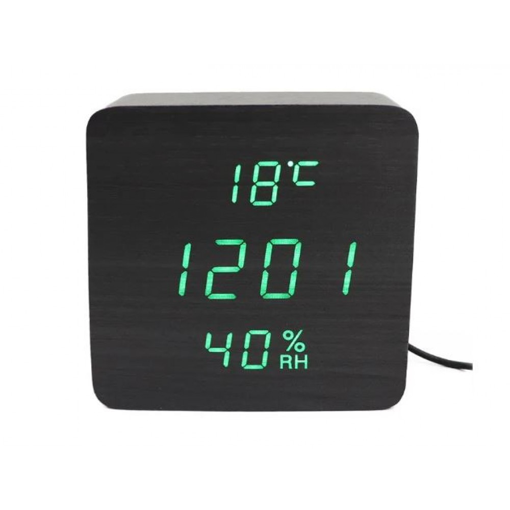 Часы LED с термометром VST-872s черное дерево зеленые цифры