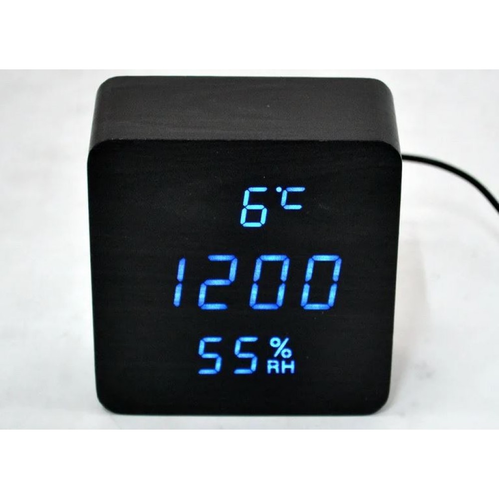 Часы LED с термометром VST-872s черное дерево синие цифры