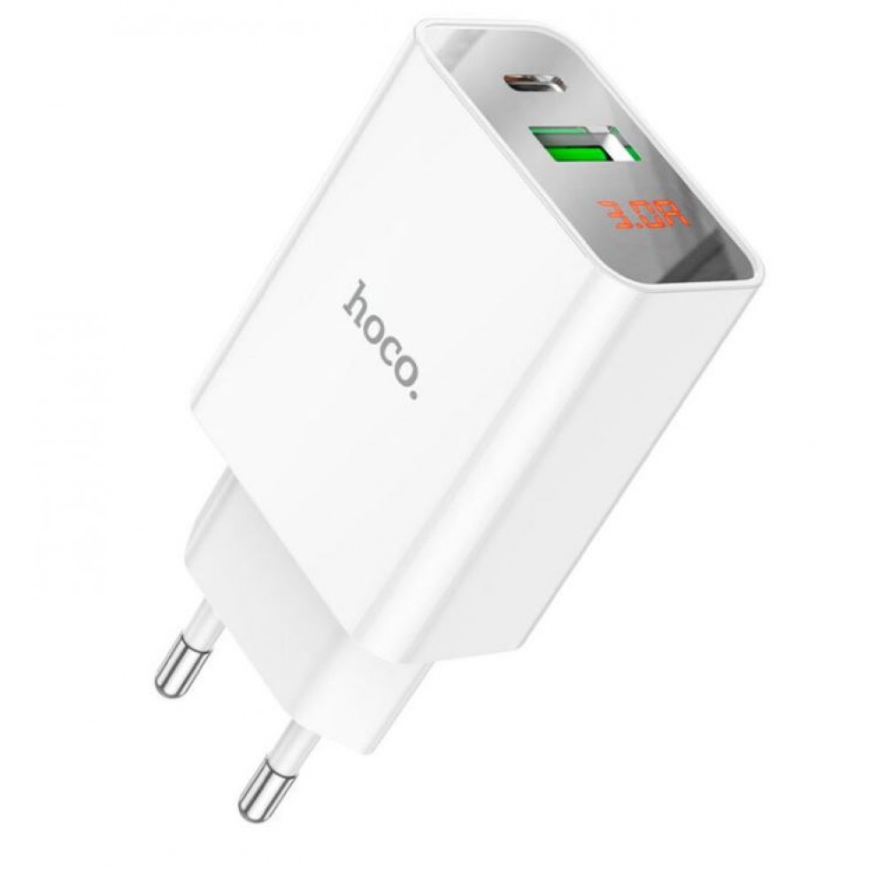 Зарядное сетевое сзу Hoco C100A быстрое, LCD дисплей, PD 20W + USB QC 3.0 белый