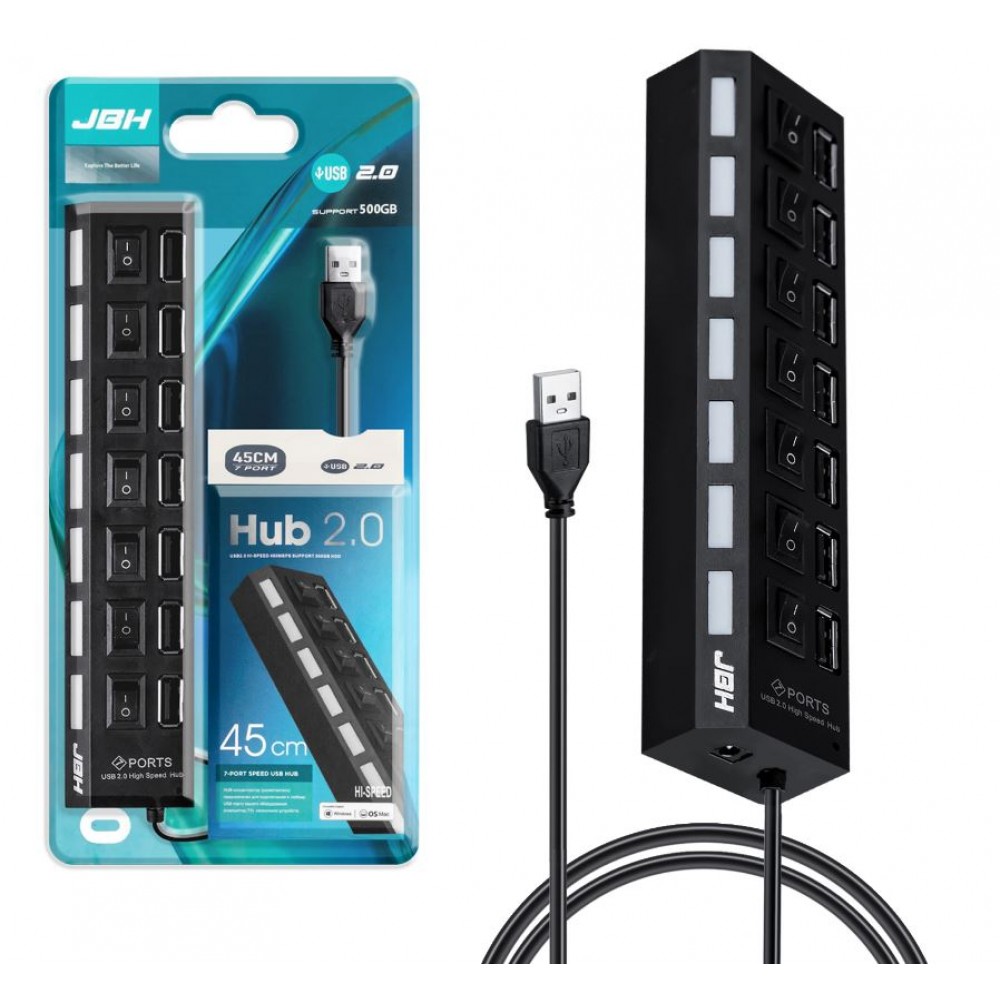 Хаб USB 7 порт JBH H-06, с выключателями, черный