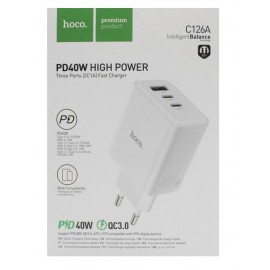 Зарядное сетевое сзу USB Hoco C126A 40W QC 3.0 + 2x Type-C PD белый