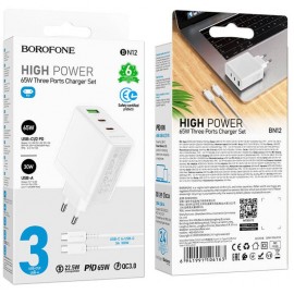Зарядное сетевое сзу 2x Type-C PD + USB 65W Borofone BN12 быстрое белый с кабелем Type-C PD