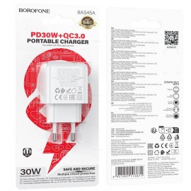 Зарядное сетевое сзу USB Borofone BAS45A 30W быстрое с type-C гнездом белый